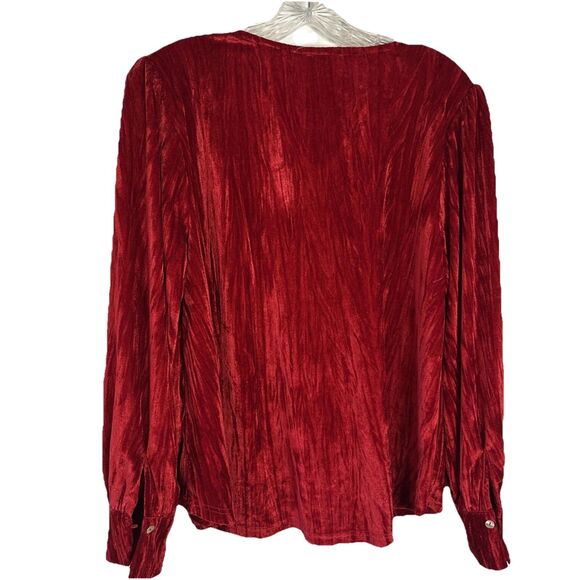 Jodifl Red Crushed Velvet‎ Vneck Puff Sleeve Shirt Sz Medium - Picture 2 of 7